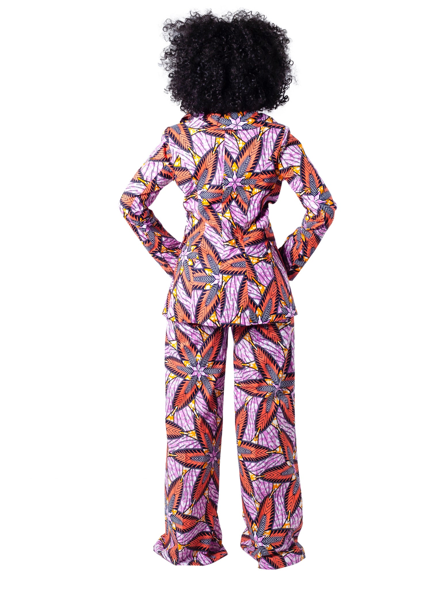 Women's ruffled lapel African Print blazer. Pink purple yellow navy blue all over batik print by Chen Burkett New York